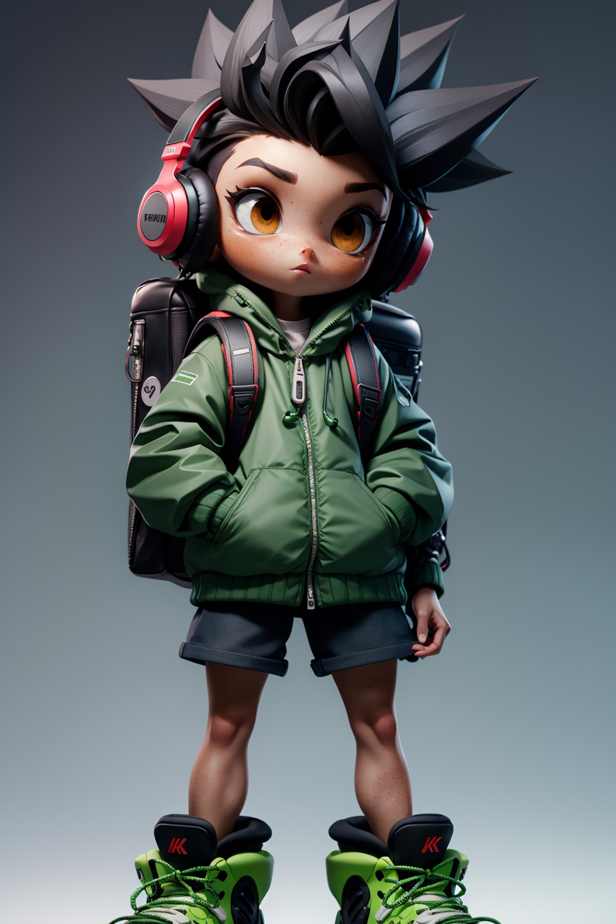 masterpiece, best quality, 8k, official art, cinematic light, ultra high res, 1girl, shorts, black hair, backpack, spiked ...